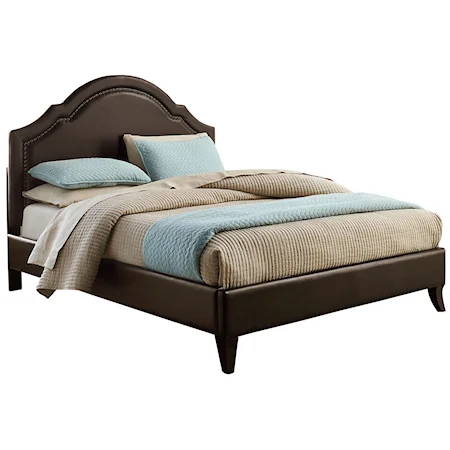 Cathedral Style Bonded Leather King Platform Bed with Tack Head Trim